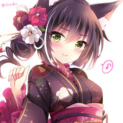  animal_ear_fluff animal_ears artist_name black_hair black_kimono blush cat_ears cat_girl closed_mouth collar female floral_print flower flower_knot frilled_collar frilled_sleeves frills green_eyes hair_between_eyes hair_flower hair_ornament hand_up ichiyou_moka japanese_clothes karyl_(new_year)_(princess_connect!) karyl_(princess_connect!) kimono long_sleeves looking_at_viewer medium_hair multicolored_hair musical_note obi princess_connect! print_kimono sash sidelocks smile solo streaked_hair upper_body white_background wide_sleeves 