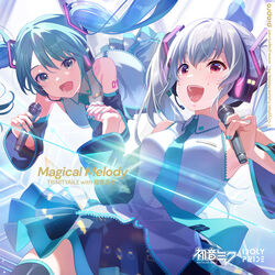  2girls :d absurdres album_cover black_skirt blue_eyes blue_nails blue_necktie breasts clone collared_shirt cosplay cover cowboy_shot crypton_future_media floating floating_hair frilled_shirt frills glint grey_hair hair_between_eyes hand_up hatsune_miku hatsune_miku_(cosplay) headset highres holding holding_hands holding_microphone idoly_pride logo medium_breasts microphone multiple_girls nail_polish necktie number_tattoo official_art open_mouth piapro pleated_skirt qp:flapper red_eyes shirt skirt sleeveless sleeveless_shirt smile sweat tattoo teeth tendou_rui tie_clip twintails vocaloid watermark white_shirt 