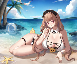  &gt;_&lt; absurdres azur_lane ball beach beachball bikini bird black_headband blue_sky breasts chinese_commentary collar commentary_request cross-laced_bikini cross-laced_clothes day detached_collar female frilled_hairband frills full_body hairband headband highres hongyouling huge_breasts looking_at_viewer lying maid maid_bikini manjuu_(azur_lane) mole mole_under_mouth multi-strapped_bikini official_alternate_costume on_side outdoors palm_tree red_eyes sideboob sky solo starfish summer swiftsure_(azur_lane) swiftsure_(midsummer_special_service)_(azur_lane) swimsuit tree two-tone_bikini unconventional_maid water white_bikini white_bird white_collar wrist_cuffs 