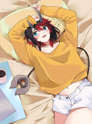  absurdres alternate_costume arms_up black_hair blue_eyes blush bra_strap breasts coffee coffee_mug commentary_request computer cowboy_shot cup demon_girl demon_horns demon_tail female highres horns laptop long_sleeves looking_at_viewer lying midriff mug multicolored_hair nanashi_inc. navel on_back on_bed open_fly open_mouth pillow pointy_ears red_hair ryugasaki_rene shirt short_hair short_shorts shorts smile solo sugar_lyric tail two-tone_hair virtual_youtuber white_shorts yellow_shirt zono_(inokura_syuzo029) 