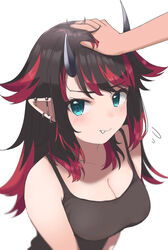  1other absurdres alternate_costume black_hair black_tank_top blue_eyes blush breasts cleavage closed_mouth commentary_request demon_girl demon_horns ear_piercing female flying_sweatdrops headpat highres horns large_breasts long_hair looking_at_viewer multicolored_hair nanashi_inc. oerba_yun_fang piercing red_hair ryugasaki_rene shiny_skin simple_background smile solo_focus sugar_lyric tank_top two-tone_hair upper_body virtual_youtuber white_background zono_(inokura_syuzo029) 