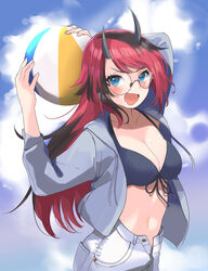  absurdres alternate_costume ball beachball bikini bikini_top_only black_bikini black_hair blue_eyes blue_shorts blue_sky blush breasts cleavage cloud commentary_request cowboy_shot demon_girl demon_horns female front-tie_bikini_top front-tie_top glasses grey_hoodie highres holding holding_ball holding_beachball hood hoodie horns large_breasts long_hair looking_at_viewer midriff multicolored_hair nanashi_inc. open_clothes open_fly open_hoodie open_mouth pointy_ears red_hair round_eyewear ryugasaki_rene shorts sky smile solo sugar_lyric swimsuit two-tone_hair virtual_youtuber zono_(inokura_syuzo029) 