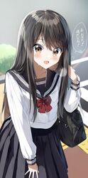  :d bag black_bag black_hair black_sailor_collar black_skirt blush bow brown_eyes commentary_request cowboy_shot day female hair_between_eyes hand_up heavy_breathing highres long_hair long_sleeves looking_at_viewer open_mouth original outdoors pentagon_(railgun_ky1206) pleated_skirt red_bow sailor_collar school_bag school_uniform serafuku shirt skirt smile solo speech_bubble sweat talking translation_request very_long_hair white_shirt 