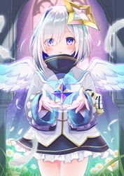  absurdres amane_kanata amane_kanata_(1st_costume) angel_wings bad_id bad_pixiv_id black_shirt black_skirt blue_bow blue_hair blush bob_cut bow colored_inner_hair commentary eyes_visible_through_hair feathered_wings feathers female flower frilled_skirt frills grey_hair hair_intakes hair_over_one_eye high_collar highres hilamaru hololive jacket looking_at_viewer multicolored_hair parted_lips purple_eyes shirt short_hair single_hair_intake skirt solo stained_glass two-tone_hair virtual_youtuber white_feathers white_flower white_jacket white_wings wings 