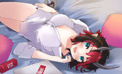  :d alternate_costume bed black_hair black_shorts blue_eyes blush box breasts commentary_request demon_girl demon_horns demon_tail feet_out_of_frame female fingernails highres horns large_breasts long_sleeves looking_at_viewer lying multicolored_hair nail_polish nanashi_inc. on_back on_bed open_mouth pillow pointy_ears purple_nails red_hair ryugasaki_rene see-through see-through_shirt shirt short_hair short_shorts shorts smile solo sugar_lyric tail two-tone_hair virtual_youtuber white_shirt zono_(inokura_syuzo029) 