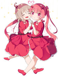  2girls :d ^_^ black_bow blush bow brown_hair cheek-to-cheek closed_eyes closed_mouth commentary criss-cross_halter dress facing_viewer frilled_dress frills gloves hairbow halterneck hands_up happy_happy_friends heads_together heart highres holding_hands interlocked_fingers konomori_kanon long_hair looking_at_viewer makuran multiple_girls o3o open_mouth puffy_short_sleeves puffy_sleeves red_bow red_dress red_eyes red_footwear red_hair shoes short_sleeves smile tanemura_koyori twintails very_long_hair watashi_ni_tenshi_ga_maiorita! white_background white_gloves yuri 