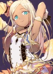  aqua_eyes armlet armpits arms_up bare_shoulders black_choker black_gloves blonde_hair breasts choker cleavage closed_mouth collarbone cowboy_shot cropped_jacket crown dark-skinned_female dark_skin detached_sleeves dress female fur-trimmed_gloves fur-trimmed_jacket fur_trim gloves idolmaster idolmaster_cinderella_girls idolmaster_cinderella_girls_starlight_stage jacket layla_(idolmaster) long_hair looking_at_viewer mini_crown nametake open_clothes open_jacket party_time_gold_(idolmaster) single_detached_sleeve single_glove sleeveless sleeveless_dress sleeveless_jacket small_breasts smile solo standing star_ornament upper_body white_dress yellow_jacket yellow_sleeves 