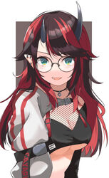  absurdres arm_strap bikini black-framed_eyewear black_bikini black_hair blue_eyes blush breasts cleavage commentary_request compression_sleeve demon_girl demon_horns female fishnet_top fishnets glasses grey_background highres horns jacket jewelry large_breasts long_hair looking_at_viewer multicolored_hair nanashi_inc. necklace official_alternate_costume open_mouth pointy_ears red_hair round_eyewear ryugasaki_rene ryugasaki_rene_(2nd_costume) shrug_(clothing) simple_background single_sleeve smile solo striped_clothes striped_jacket sugar_lyric swimsuit two-tone_background two-tone_hair upper_body virtual_youtuber white_background white_jacket zono_(inokura_syuzo029) 