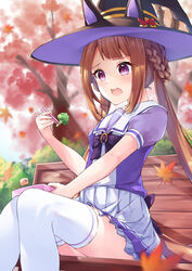  absurdres animal_ears autumn_leaves black_hat blush broccoli brown_hair chopsticks commentary_request female food hair_rings hat highres holding holding_chopsticks horse_ears horse_girl horse_tail leaf long_hair maple_leaf open_mouth pizza_(pizzania_company) pleated_skirt puffy_short_sleeves puffy_sleeves purple_eyes school_uniform short_sleeves sitting skirt solo sweep_tosho_(umamusume) tail tearing_up tears thighhighs tracen_school_uniform twintails umamusume vegetable white_skirt white_thighhighs witch_hat 