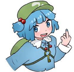  blue_dress blue_nails blush dress female flat_cap frogsnake green_hat hair_bobbles hair_ornament hand_up happy hat kawashiro_nitori long_sleeves looking_at_viewer lowres middle_finger nail_polish short_hair simple_background solo touhou two_side_up upper_body white_background 