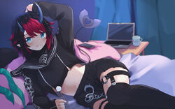  absurdres bed black_hair black_sailor_collar black_serafuku black_shirt black_skirt black_thighhighs blue_eyes blue_neckerchief blush breasts bridal_garter cellphone commentary_request computer crop_top demon_girl demon_horns demon_tail female hand_in_own_hair highres horns indoors laptop large_breasts long_sleeves looking_at_viewer lying midriff mimikaki multicolored_hair nanashi_inc. neckerchief no_headwear official_alternate_costume on_side phone pointy_ears red_hair ryugasaki_rene ryugasaki_rene_(3rd_costume) sailor_collar school_uniform serafuku shirt short_hair skirt smartphone solo sugar_lyric tail thighhighs two-tone_hair underboob unworn_neckerchief virtual_youtuber zono_(inokura_syuzo029) 