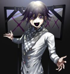  1boy :d black_hair checkered_clothes checkered_scarf commentary danganronpa_(series) danganronpa_v3:_killing_harmony grey_jacket hair_between_eyes highres iei jacket light long_sleeves looking_at_viewer male_focus oma_kokichi open_mouth purple_eyes purple_hair revision scarf short_hair smile solo spoilers straitjacket suzumetarou translated upper_body 