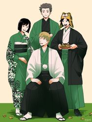  3boys :d basket betsuyaku_taichi black_coat black_hakama black_legwear bob_cut brown_hair chinese_zodiac coat dropping female floral_print full_body furisode green_coat green_hakama green_kimono green_theme grey_hair hakama hands_on_own_thighs haori haori_himo hat highres holding holding_basket japanese_clothes kimono kon_yuka kuruma_tatsuya long_sleeves looking_at_another looking_at_viewer looking_away looking_down looking_to_the_side looking_up multiple_boys murakami_kou new_year obi rism02682 sandals sash short_hair sitting smile standing stuffed_animal stuffed_tiger stuffed_toy sweatdrop tabi tiger_hat white_coat white_legwear wide_sleeves world_trigger year_of_the_tiger yellow_background zouri 