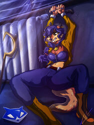  2021 3:4 absurd_res anthro bottomwear canid canine carmelita_fox chains clothing cuff_(restraint) female fox fur hair handcuffed handcuffs hi_res lupiarts mammal messy_hair metal_cuffs pants restraints shackles signature sly_cooper_(series) solo sony_corporation sony_interactive_entertainment sucker_punch_productions teeth 