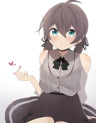  345_myk :o absurdres ahoge bad_id bad_pixiv_id bare_shoulders black_bow black_bowtie black_choker black_ribbon black_skirt blue_eyes blush bow bowtie brown_hair choker circle_skirt clothing_cutout collared_shirt earrings female fingernails flower_earrings grey_shirt hair_ribbon high-waist_skirt highres hololive jewelry natsuiro_matsuri natsuiro_matsuri_(casual) official_alternate_costume pleated_skirt ribbon see-through see-through_sleeves shirt shoulder_cutout sitting skirt solo twintails virtual_youtuber 