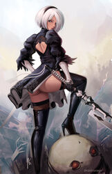  2b_(nier:automata) ass back_cutout black_dress black_hairband blue_eyes boots clothing_cutout dress english_commentary feather-trimmed_sleeves female hairband high_heel_boots high_heels juliet_sleeves justin_paul leotard long_sleeves machine_(nier) nier:automata nier_(series) no_blindfold puffy_sleeves robot solo thigh_boots thighhighs thighhighs_under_boots white_hair white_leotard 