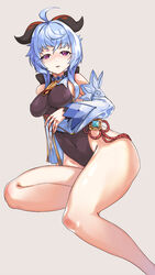  ahoge bare_legs bare_shoulders bell blue_hair blush breasts chinese_knot covered_navel curled_horns detached_sleeves female flower_knot ganyu_(genshin_impact) genshin_impact gold_trim highres horns jamgom leotard lifting_own_clothes looking_at_viewer medium_breasts neck_bell no_gloves purple_eyes sidelocks simple_background sitting solo vision_(genshin_impact) white_sleeves yokozuwari 