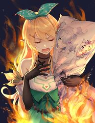  achi_rogercat black_gloves blonde_hair chinese_commentary closed_eyes commentary_request dakimakura_(object) elbow_gloves elira_pendora elira_pendora_(1st_costume) female fire flower gloves green_ribbons green_skirt hair_behind_ear hair_flower hair_ornament hair_ribbon halterneck hand_on_own_chest high-waist_skirt holding holding_pillow long_hair music nijisanji nijisanji_en open_mouth pikl_(elira_pendora) pillow pointy_ears pomu_rainpuff pomu_rainpuff_(1st_costume) ribbon singing skirt solo virtual_youtuber 