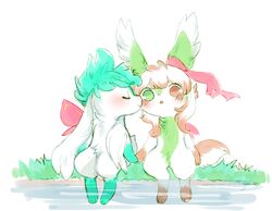  aishasoup ambiguous_gender anthro brown_body brown_fur closed_eyes duo flower fur generation_4_pokemon grass green_body green_fur green_hair hair hand_holding heterochromia hi_res kissing kissing_cheek legendary_pokemon nintendo plant pokemon pokemon_(species) ribbons ruka_vaporeon shaymin simple_background sitting sky_forme_shaymin water white_body white_fur 