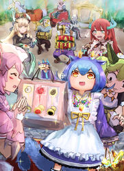  3boys 6+girls apron bag bandana basket black_dress blonde_hair blue_hair braid brown_eyes carriage chamber_dragonmaid conquistador_of_the_golden_land dragon_girl dragon_horns dragon_tail dress duel_monster feet_out_of_frame fingerless_gloves frilled_apron frills gem gloves green_eyes green_hair hat hatano_kiyoshi highres holding holding_bag holding_basket holding_gem holding_jewelry holding_necklace horns horse house_dragonmaid huaquero_of_the_golden_land jewelry kitchen_dragonmaid laundry_dragonmaid long_hair long_sleeves maid multiple_boys multiple_girls multiple_rings necklace nurse_cap nurse_dragonmaid outdoors pants parlor_dragonmaid pink_hair puffy_short_sleeves puffy_sleeves purple_hair red_eyes red_hair ring shoes short_sleeves single_braid sparkle sweat tail treasure_chest wide_sleeves yu-gi-oh! zombie 