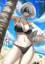  1boy 2b_(nier:automata) 2girls 9s_(nier:automata) a2_(nier:automata) alternate_costume ass beach bikini black_bikini black_blindfold black_hairband blindfold blue_sky breasts cloud commentary_request covered_eyes day eiwa emil_(nier) hairband large_breasts mole mole_under_mouth multiple_girls navel nier:automata nier_(series) ocean outdoors sand sky swimsuit water white_hair 