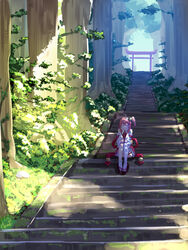  ahoge arm_support bell closed_eyes facing_viewer forest hair_bell hair_ornament head_rest highres hololive mikan_(chipstar182) nature one_side_up pink_hair sakura_miko sakura_miko_(1st_costume) sandals scenery shoes single_sock single_thighhigh sitting smile socks stairs thighhighs torii tree virtual_youtuber white_footwear white_legwear wide_shot 