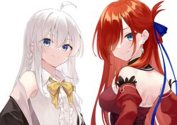  2girls ahoge azuuru backless_dress backless_outfit blue_bow blue_eyes bow braid closed_mouth dress ear_piercing elaina_(majo_no_tabitabi) eyebrows_hidden_by_hair feathers hair_over_eyes highres inori_no_kuni_no_riviere jewelry looking_at_viewer majo_no_tabitabi multiple_girls official_art piercing red_dress red_hair riviere_(inori_no_kuni_no_riviere) shirt simple_background sleeveless smile strapless strapless_dress white_background white_hair white_shirt yellow_bow 