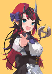  absurdres alternate_costume apron beret black_hair black_skirt blue_eyes blush bow bowtie breasts buttons collared_shirt commentary_request cowboy_shot demon_girl demon_horns demon_tail female frilled_apron frills hat hat_bow highres horns large_breasts long_hair long_sleeves looking_at_viewer looking_to_the_side multicolored_hair nanashi_inc. open_mouth pointing pointing_at_viewer pointy_ears purple_bow purple_bowtie red_hair red_hat ryugasaki_rene shirt simple_background skirt smile solo sugar_lyric tail two-tone_hair underbust virtual_youtuber waist_apron white_apron white_shirt yellow_background zono_(inokura_syuzo029) 