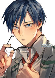  1boy adjusting_clothes adjusting_necktie artist_name blue_eyes blue_hair blush boku_no_hero_academia collared_shirt glasses grey_jacket holding holding_removed_eyewear iida_tenya jacket kadeart looking_at_viewer male_focus necktie school_uniform shirt short_hair solo sweatdrop thai_commentary u.a._school_uniform unworn_eyewear upper_body white_shirt 