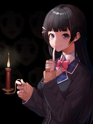  black_background black_eyes black_hair black_jacket blazer bow bowtie candle cardigan closed_mouth collared_shirt dark female hair_ornament hairclip hand_up highres holding holding_candle index_finger_raised jacket long_hair long_sleeves looking_at_viewer mikan_(chipstar182) nazono_mito nijisanji pink_bow pink_bowtie school_uniform shirt smile solo tsukino_mito tsukino_mito_(1st_costume) upper_body virtual_youtuber when_you_see_it white_shirt wing_collar 