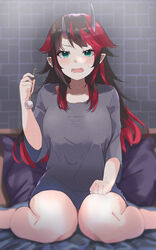  absurdres alternate_costume barefoot black_hair blue_eyes blush breasts commentary_request demon_girl demon_horns female full_body grey_shirt highres holding horns lap_pillow_invitation large_breasts long_hair looking_at_viewer mimikaki multicolored_hair naked_shirt nanashi_inc. on_bed open_mouth pointy_ears red_hair ryugasaki_rene shirt sitting solo sugar_lyric two-tone_hair virtual_youtuber wariza zono_(inokura_syuzo029) 