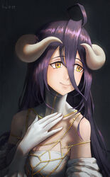  absurdres ahoge albedo_(overlord) bad_cgsociety_id bad_id bare_shoulders breasts cleavage closed_mouth commentary curled_horns demon_girl demon_horns dress elvafirst english_commentary female gloves hair_between_eyes hand_on_own_chest highres horns large_breasts long_hair looking_to_the_side overlord_(maruyama) purple_hair signature smile solo upper_body white_dress white_gloves white_horns yellow_eyes 