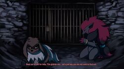  16:9 ambiguous_gender anthro arms_tied black_body black_fur black_nose bound brown_body brown_eyes brown_fur closed_eyes detailed_background dialogue duo english_text feral fur generation_3_pokemon generation_5_pokemon hair hi_res kneeling nintendo pokemon pokemon_(species) prison prison_bars prison_cell prisoner red_hair rock_wall sivera_(zigzagoon) spacesmilodon text wet wet_body wet_fur widescreen zigzagoon zoroark 