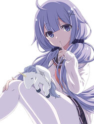  ahoge anchor_symbol azur_lane black_sailor_collar black_scrunchie black_skirt blue_eyes cardigan commentary_request feet_out_of_frame female finger_to_mouth hair_between_eyes hair_ornament hair_scrunchie knees_together_feet_apart long_hair low_twintails neckerchief pantyhose pleated_skirt purple_hair red_neckerchief sailor_collar scrunchie shushing simple_background skirt solo stuffed_winged_unicorn sukireto twintails unicorn_(azur_lane) unicorn_(long-awaited_date)_(azur_lane) very_long_hair white_background white_cardigan white_pantyhose x_hair_ornament 