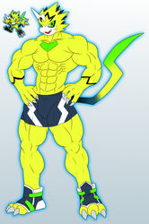  anthro athletic_wear avoid_posting bandai_namco bottomwear clothing digimon digimon_(species) flameydragwasp footwear gym_bottomwear gym_shorts hi_res male muscular muscular_anthro muscular_male pulsemon shorts solo toeless_footwear 