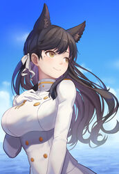  absurdres animal_ears atago_(azur_lane) azur_lane black_hair blue_sky breasts brown_eyes closed_mouth female gloves hair_ribbon hand_on_own_chest highres jiantai large_breasts long_hair looking_away mole mole_under_eye ocean ribbon simple_background sky smile solo uniform water white_gloves white_ribbon white_uniform 