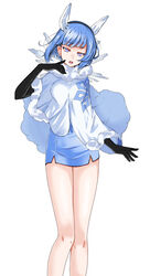  animal_ears bare_legs black_gloves blue_cloak blue_dress blue_hair breasts cloak commentary dress elbow_gloves eyeshadow fake_animal_ears feet_out_of_frame female fire_emblem fire_emblem_heroes fur-trimmed_cloak fur_trim gloves hairband head_tilt highres light_blue_hair looking_at_viewer makeup medium_breasts nifl_(fire_emblem) open_mouth purple_eyes short_dress short_hair simple_background solo standing thighs tsukishiro_saika white_background 