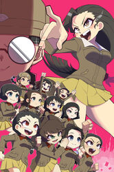  6+girls absurdres asymmetrical_bangs black_eyes black_hair braid brown_eyes brown_hair brown_headwear chi-hatan_military_uniform fukuda_haru girls_und_panzer glasses hamada_kiyo hasegawa_tatsu helmet highres hirai_hanako hosomi_shizuko ikeda_emi kubota_rin long_hair multiple_girls nagura_setsuko nakachiruno nishi_kinuyo nishihara_yasoko pink_background rimless_eyewear round_eyewear straight_hair tamada_tamaki teramoto_tomiko twin_braids twintails uenishi_chiyoko 