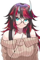  absurdres alternate_costume black_hair black_tank_top blue_eyes blush breasts brown-framed_eyewear brown_sweater closed_mouth commentary_request demon_girl demon_horns ear_piercing earbuds earphones female glasses highres horns large_breasts long_hair looking_at_viewer multicolored_hair nanashi_inc. off-shoulder_sweater off_shoulder piercing pointy_ears red_hair ribbed_sweater round_eyewear ryugasaki_rene simple_background solo sugar_lyric sweater tank_top two-tone_hair upper_body virtual_youtuber wavy_mouth white_background zono_(inokura_syuzo029) 