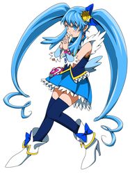  absurdres blue_bow blue_eyes blue_hair blue_skirt blue_thighhighs blue_vest bow commentary_request crown_bow cure_princess earrings ebura_din female floating_hair full_body gold_crown hair_between_eyes hairbow happinesscharge_precure! highres jewelry long_hair miniskirt parted_lips pleated_skirt pointed_crown precure shirayuki_hime simple_background skirt solo thighhighs twintails very_long_hair vest white_background white_footwear zettai_ryouiki 