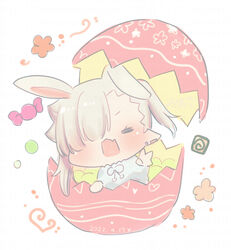  =_= animal_ears blush broken_egg candy_wrapper chibi closed_eyes commentary_request cracked_egg ear_piercing earrings easter_egg egg eggshell facing_viewer female grey_hair hatching highres ishikawa_luna jewelry kemonomimi_mode mini_person minigirl nikki_kyousuke oerba_yun_fang open_mouth original pastel_colors piercing pointy_ears rabbit_ears side_ponytail simple_background solo stud_earrings white_background 