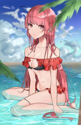  azur_lane bare_shoulders barefoot bikini black_bikini breasts cleavage closed_mouth cloud collarbone day female frills highres leaf long_hair looking_at_viewer medium_breasts navel off-shoulder_bikini off_shoulder official_alternate_costume outdoors pink_hair princeton_(azur_lane) princeton_(seaside_training)_(azur_lane) purple_eyes red_hair sakuramochi_(kasute_ra) sitting sitting_on_water sky solo swimsuit thigh_strap very_long_hair wariza water wet 