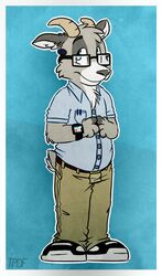  anthro apple_inc. apple_watch black_clothing black_footwear black_shoes blue_background blue_clothing blue_eyes blue_shirt blue_topwear bovid caprine clothing eyewear footwear fur gary_(tinydeerguy) glasses goat grey_body grey_fur khaki_pants male mammal oxford_shirt pens pocket_protector shirt simple_background solo tan_body tan_fur tinydeerguy topwear 