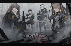  404_(girls&#039;_frontline) 4girls absurdres armband artist_name assault_rifle bare_shoulders beret black_pantyhose black_thighhighs blunt_bangs breasts brown_eyes brown_hair closed_mouth commentary_request english_text facial_mark fog full_body g11_(girls&#039;_frontline) girls&#039;_frontline gloves green_eyes green_jacket grey_hair gun h&amp;k_g11 h&amp;k_hk416 h&amp;k_ump hair_between_eyes hair_ornament hairclip hat highres hk416_(girls&#039;_frontline) holding jacket long_hair looking_at_another military_jacket multiple_girls one_side_up open_mouth outdoors pantyhose plaid plaid_skirt ribbon rifle scar scar_across_eye scar_on_face shirt shoes skirt sleeveless sleeveless_shirt sneakers squatting standing submachine_gun teardrop thighhighs twintails ubah ump45_(girls&#039;_frontline) ump9_(girls&#039;_frontline) weapon white_hair white_shirt yellow_armband 