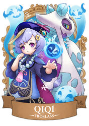  absurdres banner bead_necklace beads black_nails braid cape character_name chinese_clothes coin_hair_ornament commentary crossover english_commentary female froslass genshin_impact ghost hair_between_eyes hair_ornament hat highres jewelry jiangshi long_hair long_sleeves looking_at_viewer low_ponytail necklace orb parted_lips pokemon pokemon_(creature) purple_eyes purple_hair qingdai_guanmao qiqi_(genshin_impact) reaching reaching_towards_viewer ry-spirit sidelocks single_braid snowflakes wide_sleeves 