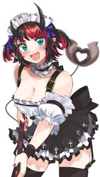  :d absurdres alternate_costume alternate_hairstyle back_bow black_bow black_choker black_hair black_horns black_skirt black_thighhighs blue_eyes bow breasts choker cleavage commentary_request cowboy_shot cross_print demon_girl demon_horns demon_tail detached_sleeves ear_piercing earrings enmaided female frilled_choker frilled_sleeves frills garter_straps hairbow highres horns jewelry large_breasts looking_at_viewer maid maid_headdress milestone_celebration miniskirt multicolored_hair nanashi_inc. open_mouth piercing pleated_skirt pointy_ears purple_bow red_hair red_nails ryugasaki_rene short_hair simple_background skirt smile solo sugar_lyric tail thighhighs translation_request two-tone_hair two_side_up virtual_youtuber white_background white_sleeves zono_(inokura_syuzo029) 