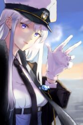  azur_lane belt black_jacket black_necktie blue_eyes blue_sky enterprise_(azur_lane) female hand_up highres jacket long_hair looking_at_viewer necktie open_mouth sankyo_(821-scoville) shirt sky solo uniform white_hair white_headwear white_shirt 