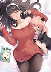  2girls :o anya_(spy_x_family) bare_shoulders black_dress black_hair black_pantyhose blush breasts closed_mouth director_chimera_(spy_x_family) dot_nose dress earrings gold_earrings hairband hands_up highres holding holding_stuffed_toy horn_ornament horns hugging_object jewelry konka large_breasts lolicon long_hair lying medium_hair mother_and_daughter multiple_girls notebook off-shoulder_sweater off_shoulder on_back on_side open_mouth pantyhose pink_hair red_sweater sleeping spy_x_family stuffed_toy sweater sweater_dress teeth twilight_(spy_x_family) upper_teeth_only white_hairband yor_briar 