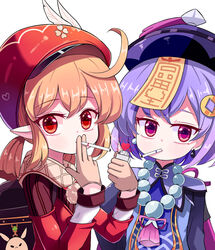  2girls ahoge backpack bag bag_charm bead_necklace beads brown_gloves brown_scarf cabbie_hat cape charm_(object) chinese_clothes cigarette clover_print coat coin_hair_ornament commentary dodoco_(genshin_impact) earrings genshin_impact gloves hair_between_eyes hair_ornament hat hat_feather hat_ornament highres holding holding_cigarette holding_lighter jewelry jiangshi klee_(genshin_impact) light_brown_hair lighter long_hair long_sleeves looking_at_viewer low_ponytail low_twintails mouth_hold multiple_girls necklace ofuda orange_eyes pointy_ears purple_eyes purple_hair qingdai_guanmao qiqi_(genshin_impact) randoseru red_coat red_headwear scarf sidelocks sseopik twintails white_background 