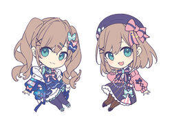  2girls :3 :d aqua_eyes badge bare_shoulders beret black_bow black_hat black_pantyhose black_ribbon blue_jacket bow bowtie brooch brown_hair brown_pantyhose button_badge cardigan chibi closed_mouth commentary_request flat_color hair_ornament hairbow hairclip hat jacket jewelry light_blush long_sleeves looking_at_viewer multiple_girls multiple_views neck_ribbon nijisanji open_clothes open_jacket open_mouth pantyhose pink_bow pink_cardigan pink_ribbon ribbon saine shirt skirt smile striped_clothes striped_pantyhose striped_skirt suzuhara_lulu suzuhara_lulu_(1st_costume) twintails two-tone_bow two-tone_ribbon variations vertical-striped_clothes vertical-striped_pantyhose virtual_youtuber white_shirt x x_hair_ornament 